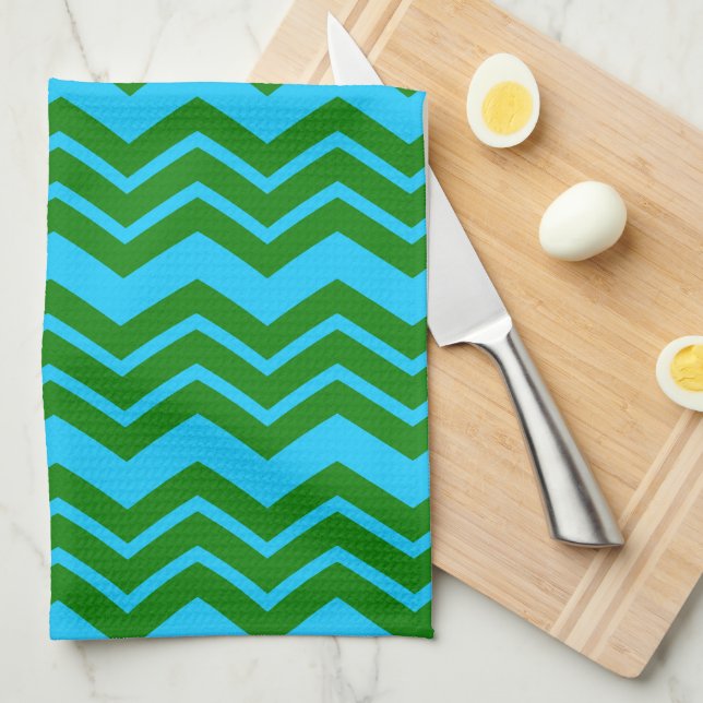 Linge De Cuisine Motif chevron zigzag bleu vert (Quart Plié)