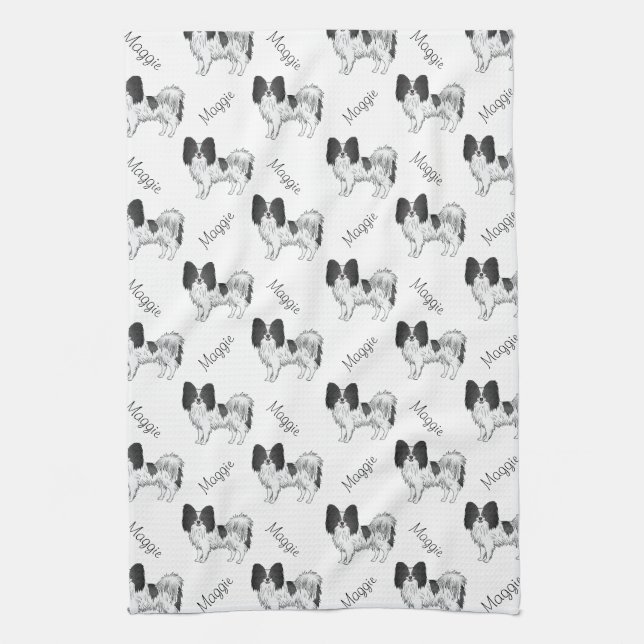 Linge De Cuisine Motif Chien De Papillon Noir Et Blanc Avec Nom (Vertical)