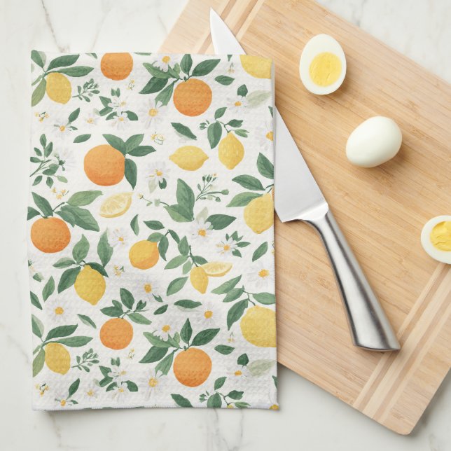 Linge De Cuisine Motif Citron Et Orange  (Quart Plié)