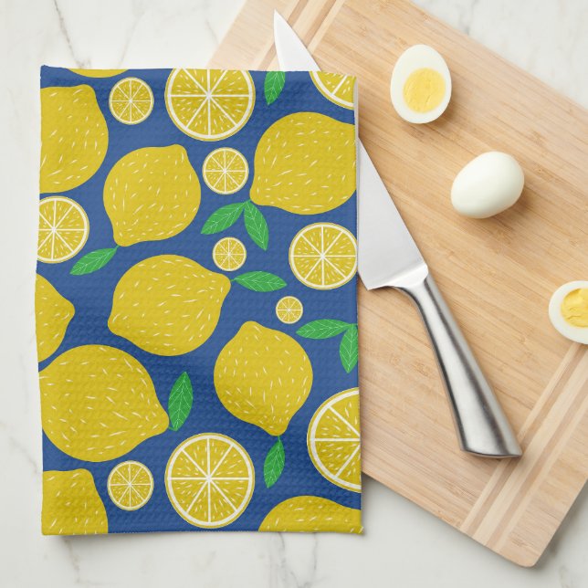 Linge De Cuisine Motif Citron Jaune sur Fond Bleu  (Quart Plié)