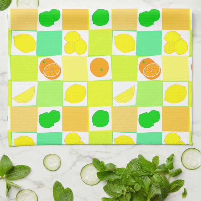 Linge De Cuisine Motif Citron Vert et Oranges (Plié)