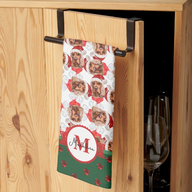 Linge De Cuisine Motif Cocker Spaniel Monogramme Chien de Noël (Pliage en tiers)