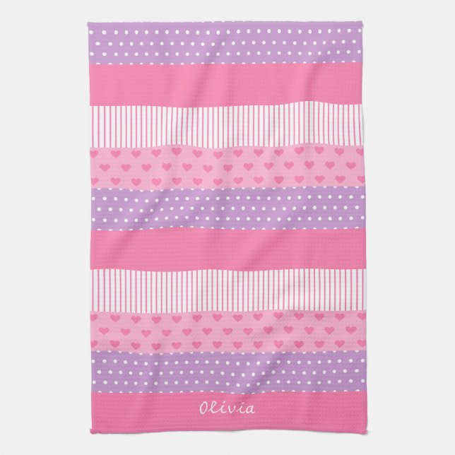 Linge De Cuisine Motif Cœurs Rayures pois rose violet (Vertical)