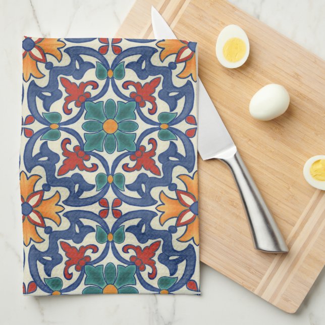 Linge De Cuisine Motif coloré Azulejos (Quart Plié)