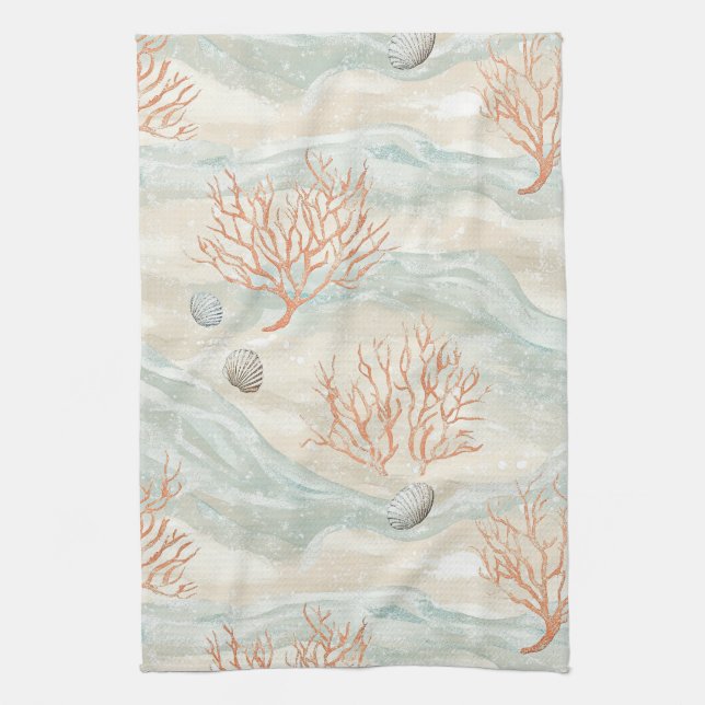 Linge De Cuisine Motif corail côtier à l'aquarelle Boho Luxe (3) (Vertical)