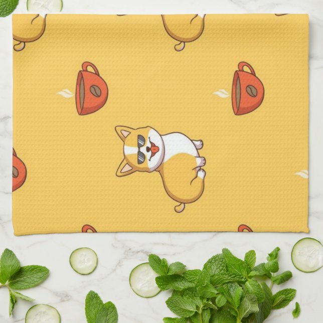 Linge De Cuisine Motif Corgi Et Café (Plié)