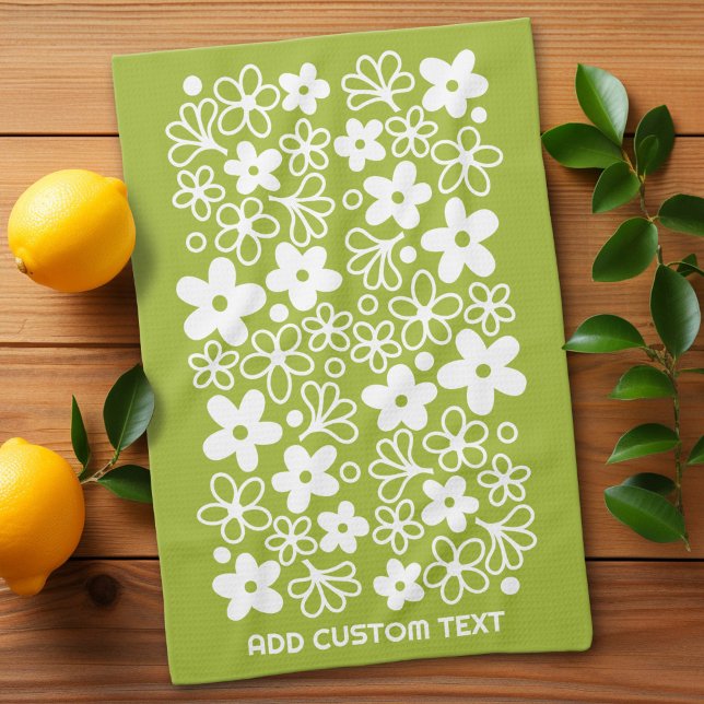 Linge De Cuisine Motif Crazy Daisy en vert printemps avec nom (Custom Kitchen Towel)