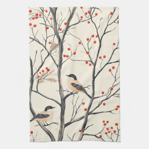 Linge De Cuisine Motif Crème Oiseau de Chanson Hiver Rouge Baie