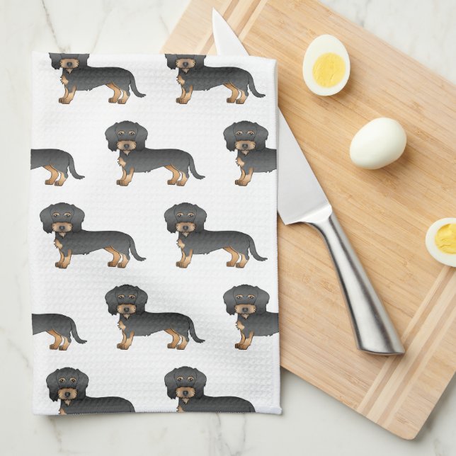 Linge De Cuisine Motif Dachshund Chien Haie De Fil Noir Et Tan (Quart Plié)