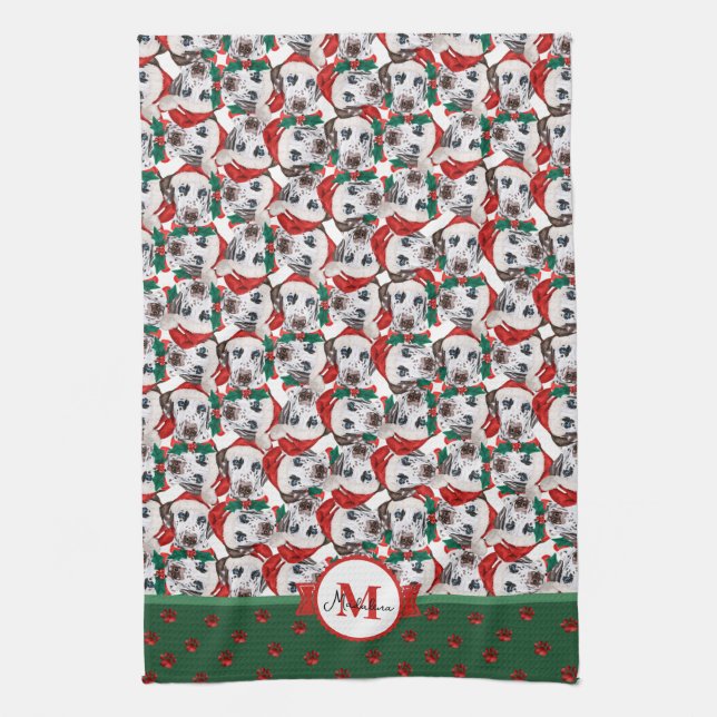 Linge De Cuisine Motif Dalmatien Monogramme Chien de Noël (Vertical)