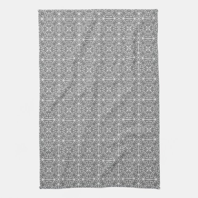 Linge De Cuisine Motif Damas médiéval, gris argenté (Vertical)