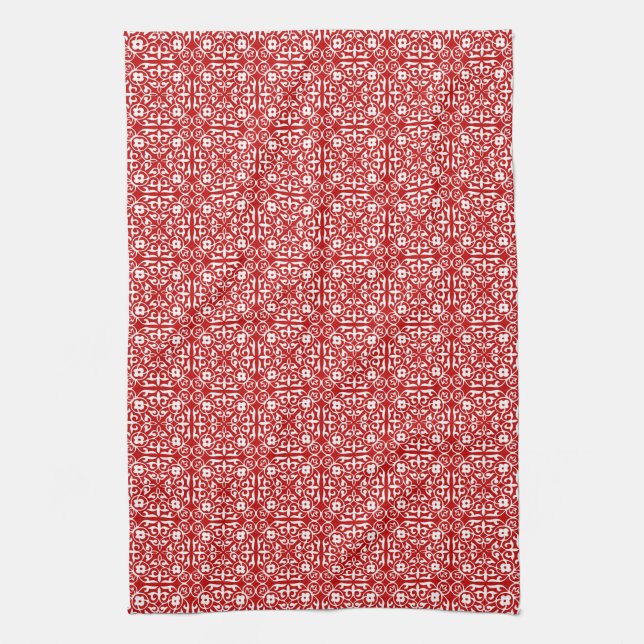 Linge De Cuisine Motif damas médiéval, rouge et blanc (Vertical)