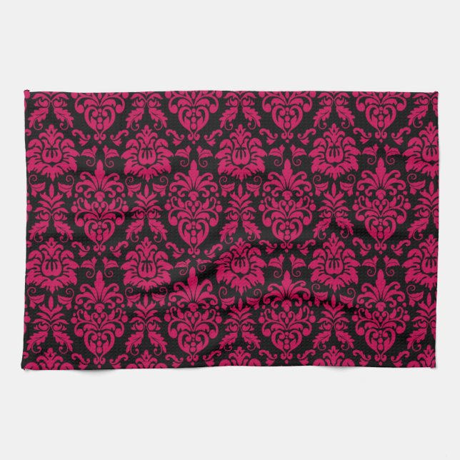Linge De Cuisine Motif Damas noir rose chaud (Horizontal)