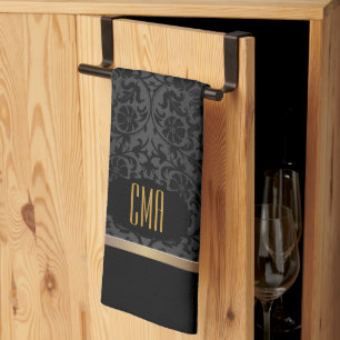 Linge De Cuisine Motif damassé floral et or Monogramme
