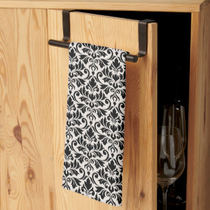Linge De Cuisine Motif Damassé Flourish Noir sur Crème