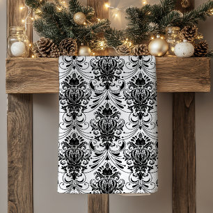 Linge De Cuisine Motif damassé ornemental vintage blanc et noir