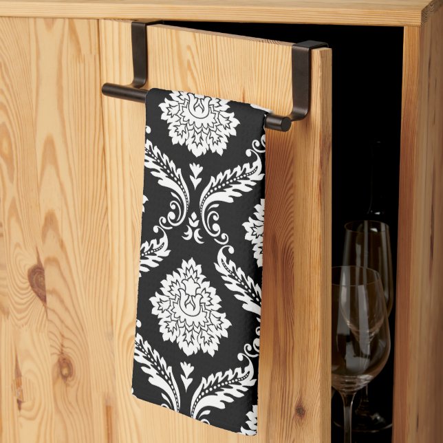 Linge De Cuisine Motif Damassé Rococo Blanc sur Noir (Pliage en tiers)