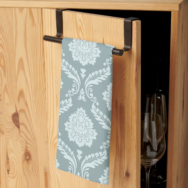 Linge De Cuisine Motif damassé rococo canard œuf bleu+ sarcelle (Pliage en tiers)