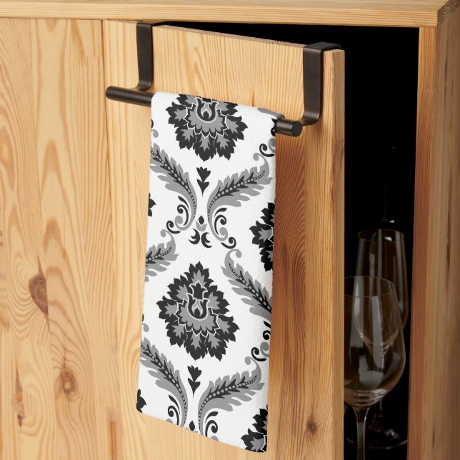 Linge De Cuisine Motif Damassé Rococo Gris Noir Blanc (Pliage en tiers)