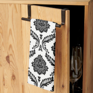 Linge De Cuisine Motif Damassé Rococo Noir sur Blanc