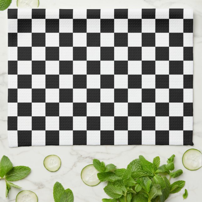 Linge De Cuisine Motif damier noir et blanc (Plié)