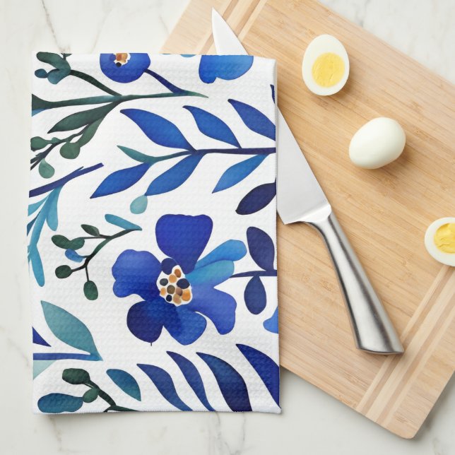 Linge De Cuisine Motif d'aquarelle aux fleurs bleues (Quart Plié)