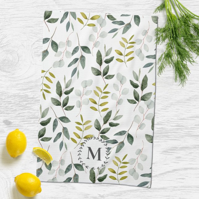 Linge De Cuisine Motif d'aquarelle Feuille vert monogramme (In situ kitchen table)