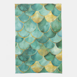 Linge De Cuisine Motif d'aquarelle Gold Aqua Mermaid