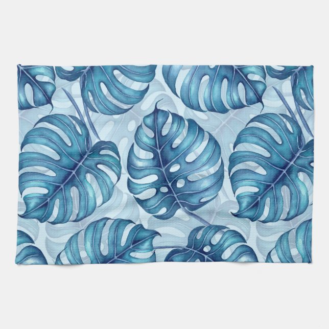 Linge De Cuisine Motif d'aquarelle Monstera bleu (Horizontal)