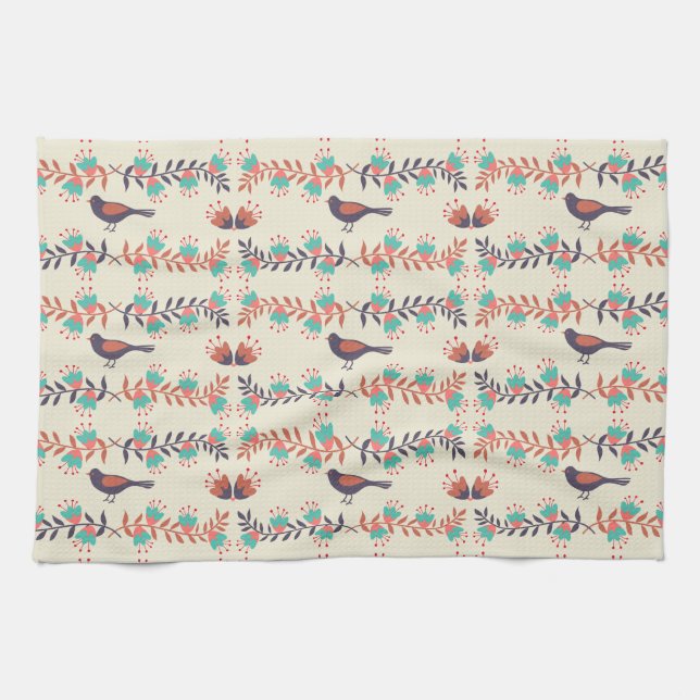 Linge De Cuisine Motif d'art folklorique d'oiseaux et de fleurs (Horizontal)