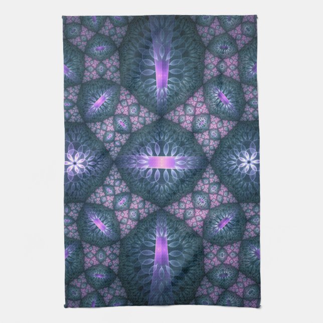 Linge De Cuisine Motif d'art fractal 3D turquoise violet rose (Vertical)