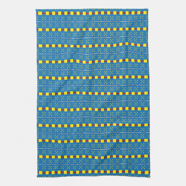 Linge De Cuisine Motif d'art populaire géométrique bleu et jaune (Vertical)