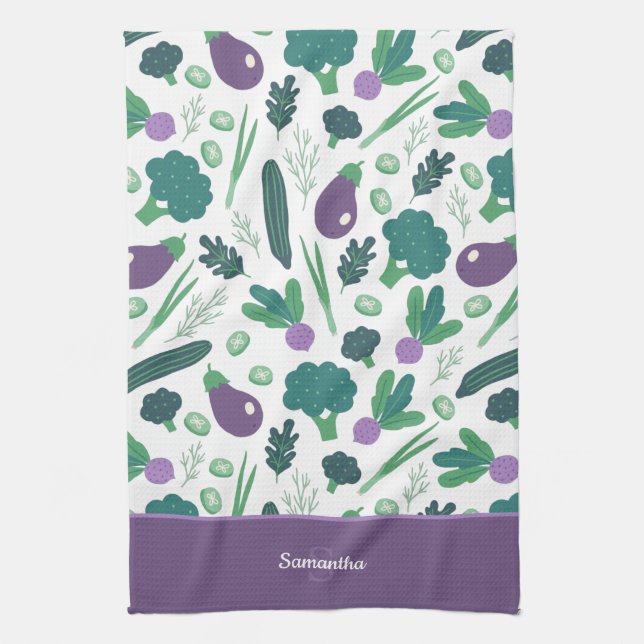 Linge De Cuisine Motif d'aubergine et de brocoli avec nom Purple (Vertical)