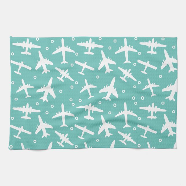 Linge De Cuisine Motif d'avion Aqua Blue and White Aviation (Horizontal)