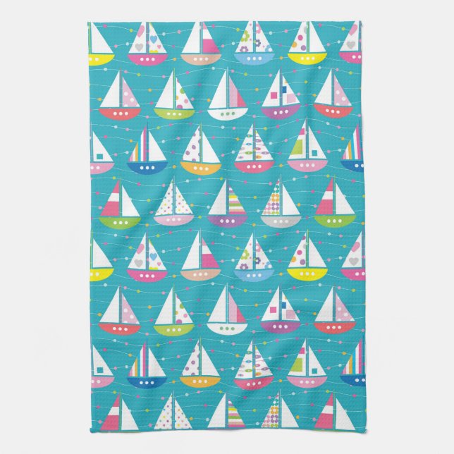 Linge De Cuisine Motif de bateau à voile Pastel (Vertical)