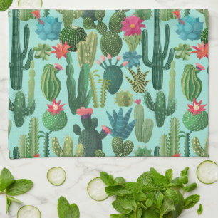 Linge De Cuisine Motif de cactus Turquoises verts en fleurs