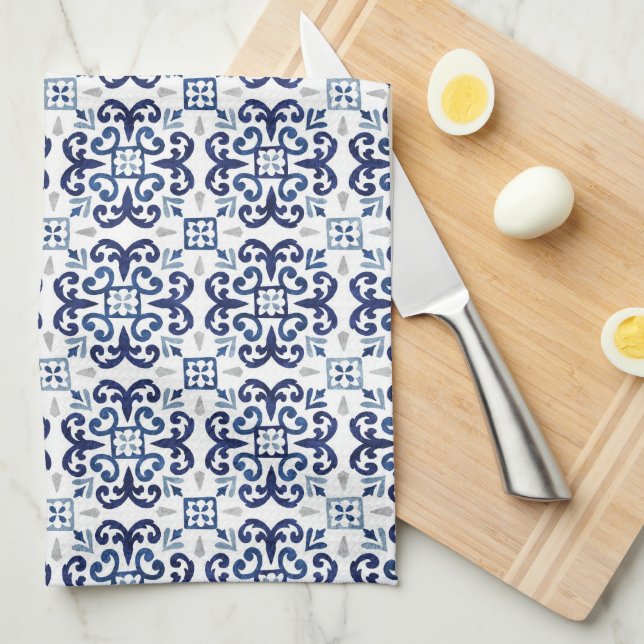 Linge De Cuisine Motif de carrelage marocain bleu et blanc (Quart Plié)
