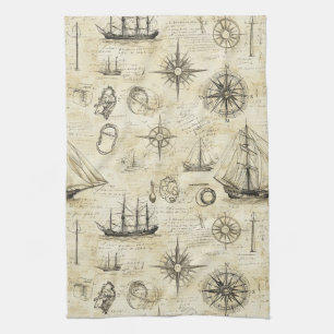 Linge De Cuisine Motif de carte nautique vintage avec navires et bo