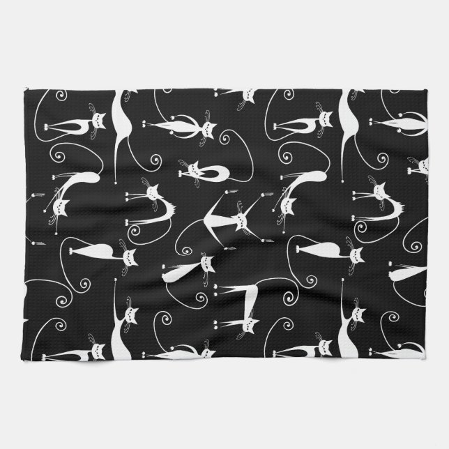 Linge De Cuisine Motif de chat blanc élancé fantaisiste (Horizontal)