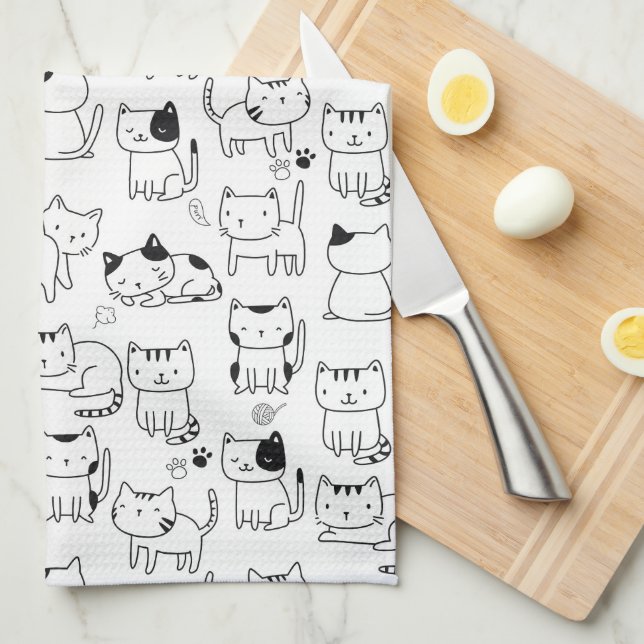 Linge De Cuisine Motif de chats gribouillés mignons (Quart Plié)