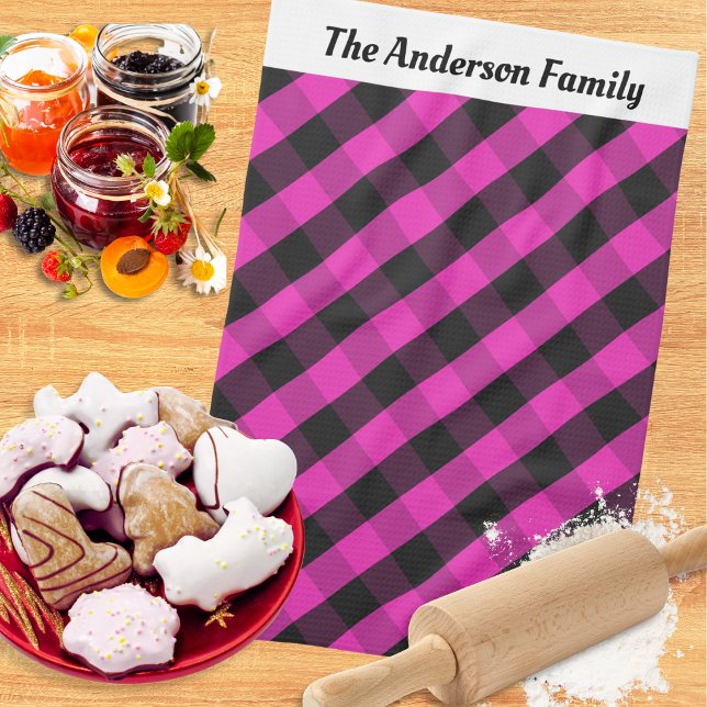 Linge De Cuisine Motif de chèque personnalisé Hot Pink Buffalo Plai (A personalized pink buffalo plaid tea towel, ideal for the festive season)