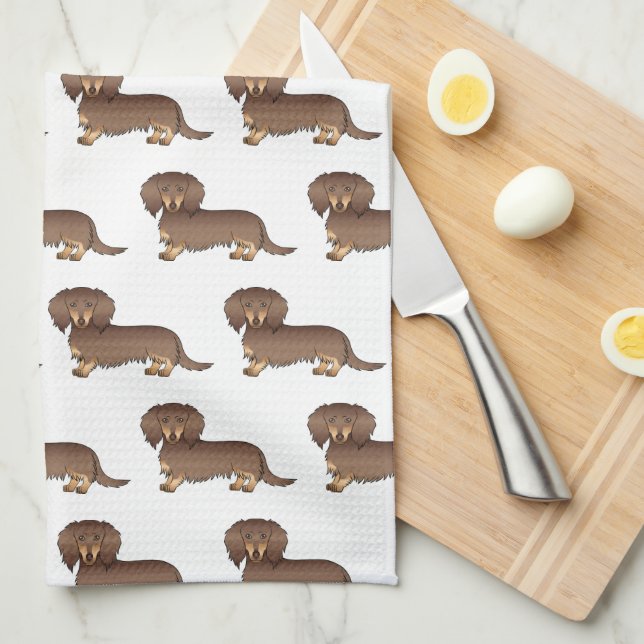 Linge De Cuisine Motif de chien teckel à poil long chocolat et feu (Quart Plié)