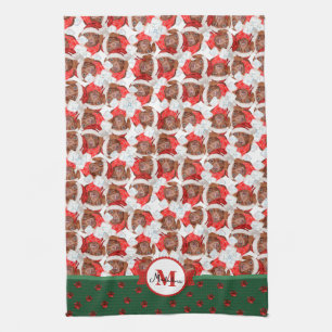 Linge De Cuisine Motif de chien teckel brun Monogramme Noël Chien