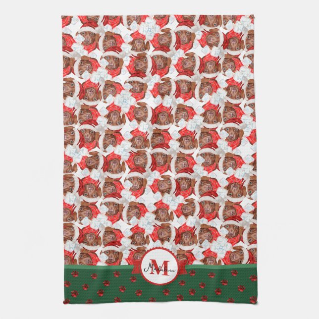 Linge De Cuisine Motif de chien teckel brun Monogramme Noël Chien (Vertical)