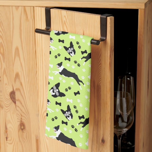 Linge De Cuisine Motif de chien vert des Terriers de Boston (Pliage en tiers)