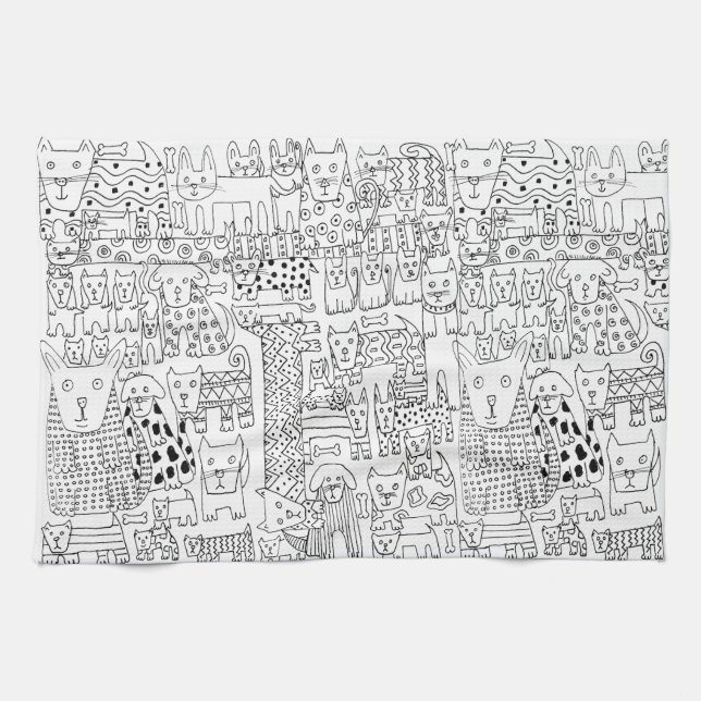 Linge De Cuisine motif de Chiens et Chiens et Chiots noirs et blanc (Horizontal)
