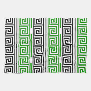 Linge De Cuisine Motif de clé grecque verte noire blanche