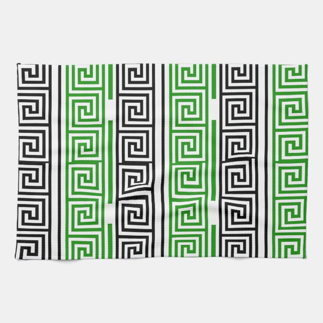 Linge De Cuisine Motif de clé grecque verte noire blanche  (Horizontal)