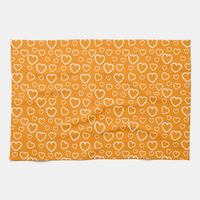 Linge De Cuisine Motif de cœurs d'amour orange et blanc (Horizontal)