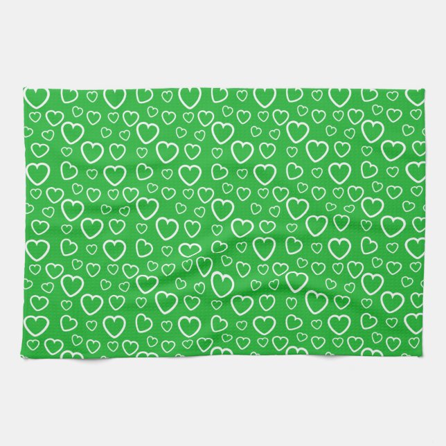 Linge De Cuisine Motif de cœurs d'amour verts et blancs (Horizontal)